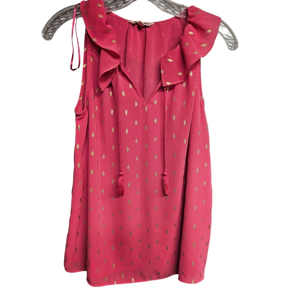 Juicy Couture Pink Gold Metallic Foil Ruffle Tassel V-Neck Blouse Small